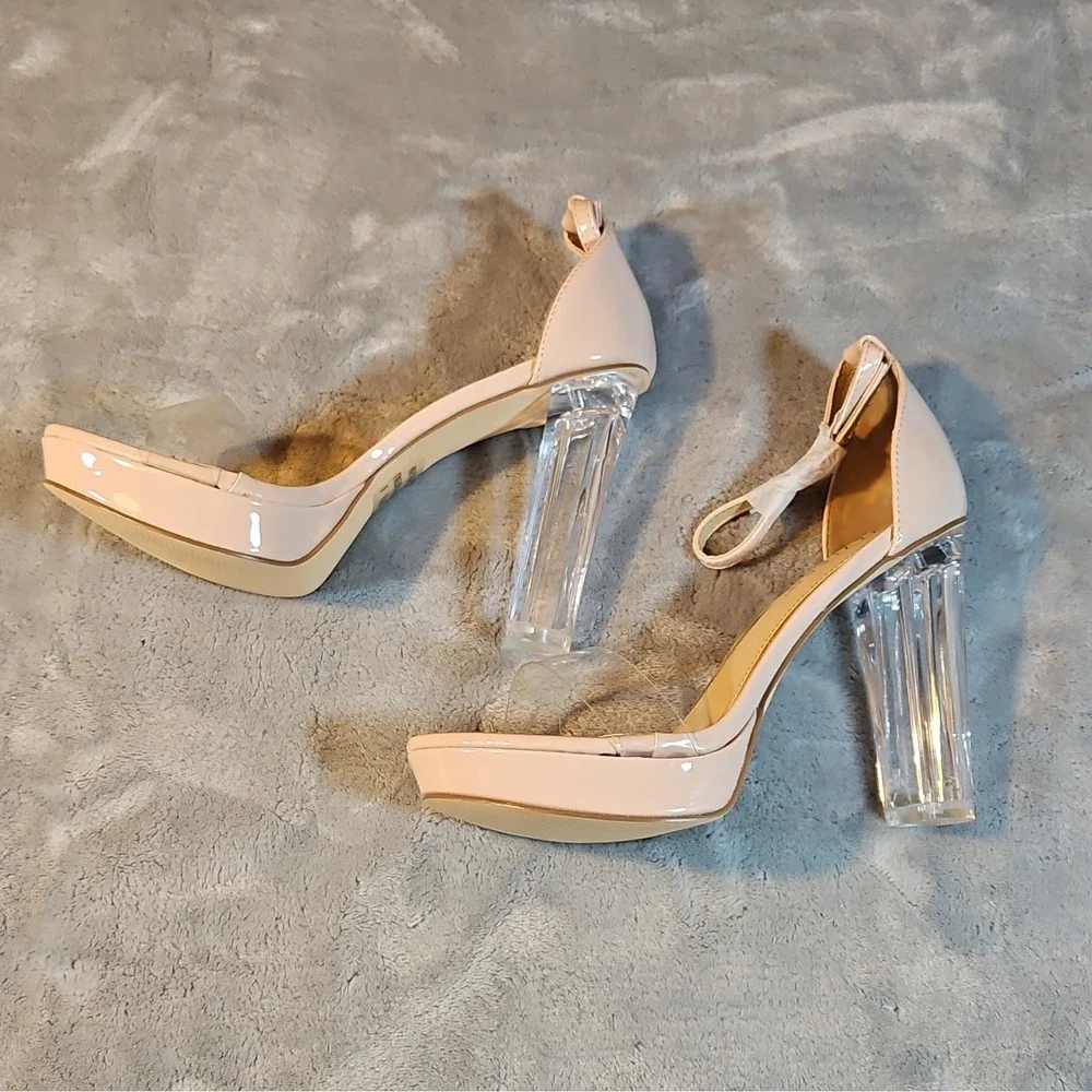 Kn Footwear Nude Patent Strappy Block Heel Ankle Strap Open Toe Buckle Size 8